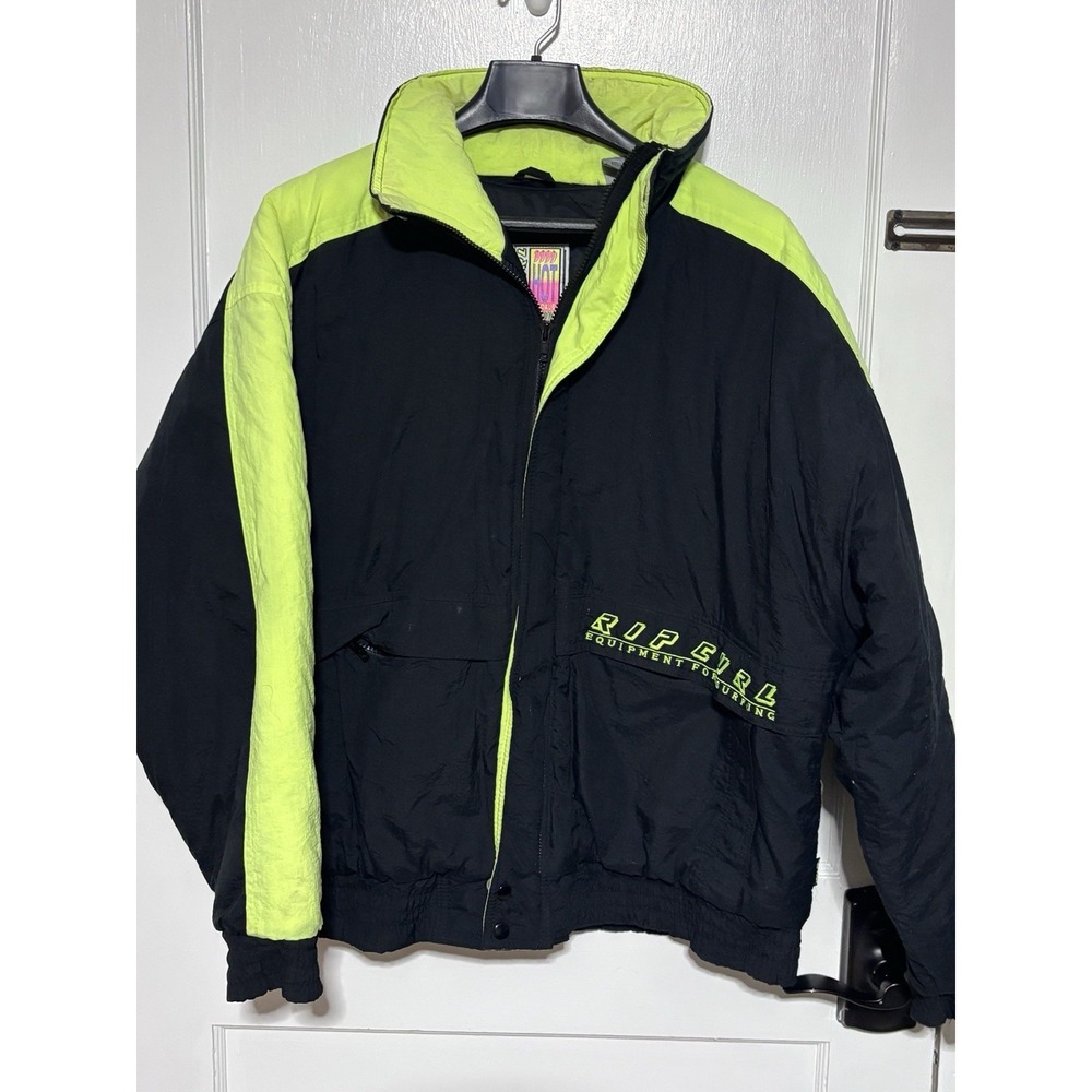 VTG Rip Curl Puffer Zip Jacket Sz L Black Neon Green 80s Drop Shoulder‎ Surf OG